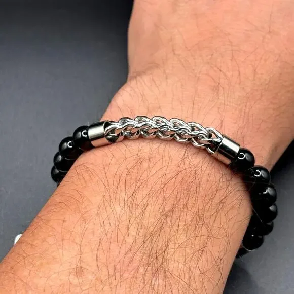 Blackjack BJB220NX Mens Genuine Onyx Bead & Stainless Steel Franco Bracelet NWT